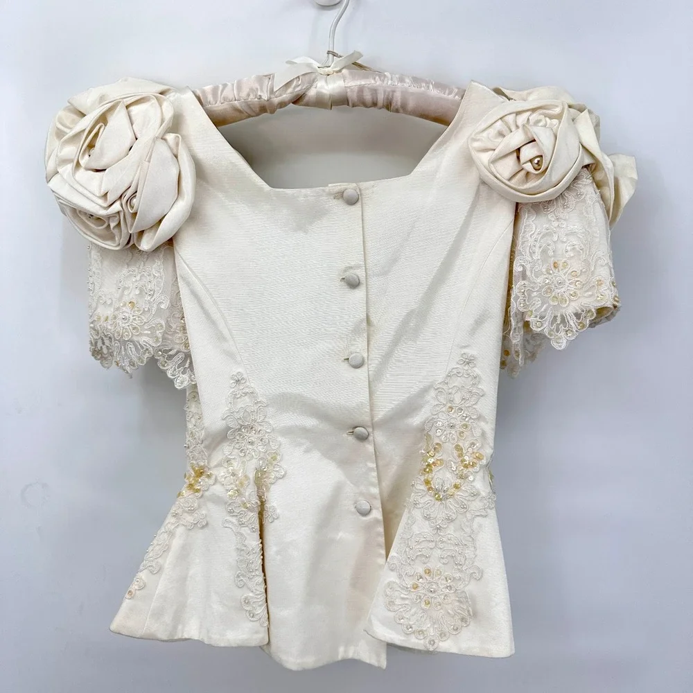 Vintage 80s Ivory Wedding Bridal Suit Set M Rosette Shoulder Lace Beaded‎